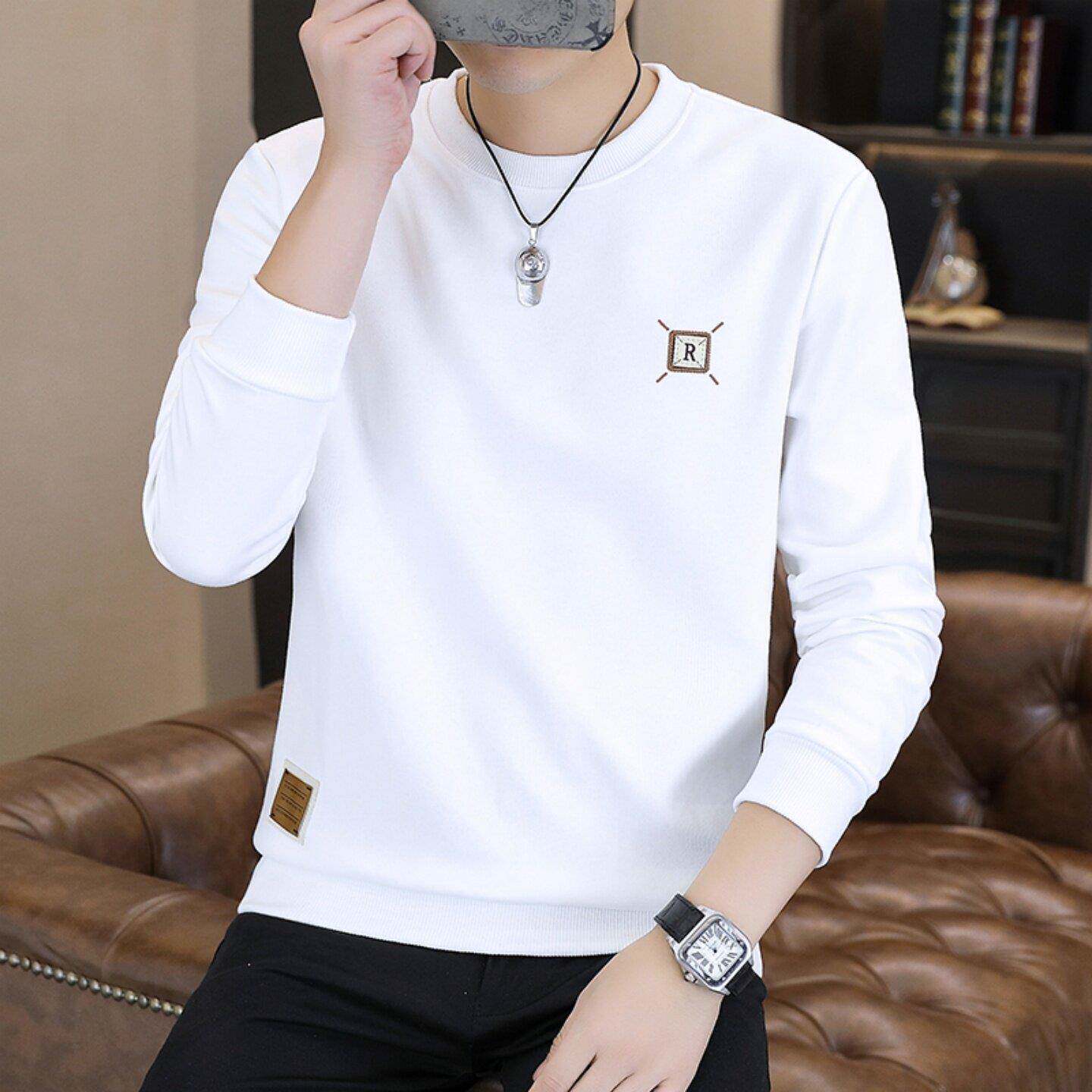 春秋新款高端刺绣卫衣男时尚百搭潮流帅气男士圆领简约长袖T恤薄