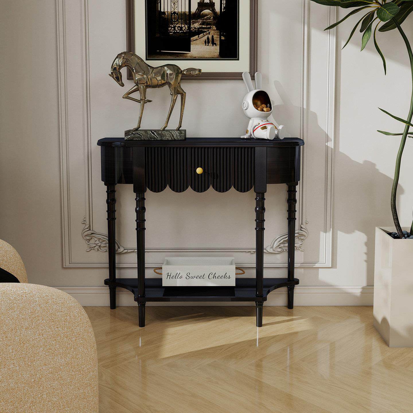 法式实木半圆玄关桌子靠墙黑色过道玄关柜置物架入户窄长条桌玄关