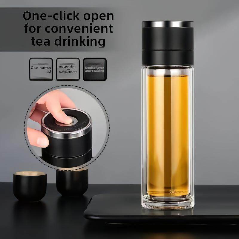 特莱维尔速开玻璃杯茶水分离杯一键开盖双层商务杯子办公室泡茶杯