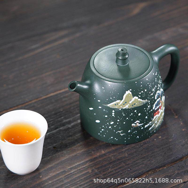 宜兴原矿正宗手工绿泥彩绘嵌盖汉铎量壶紫砂壶大057容泡家壶用茶