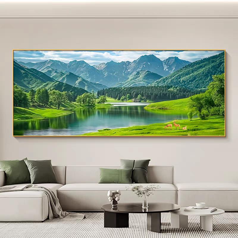 聚宝盆装饰画青山绿水沙发背景墙挂画流水生财横版山水晶瓷画