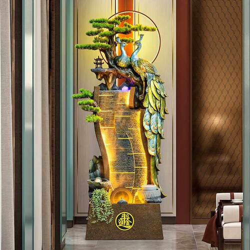 孔雀假山流水循环水摆件水幕墙新中式玄关客厅开业日常送礼风水轮