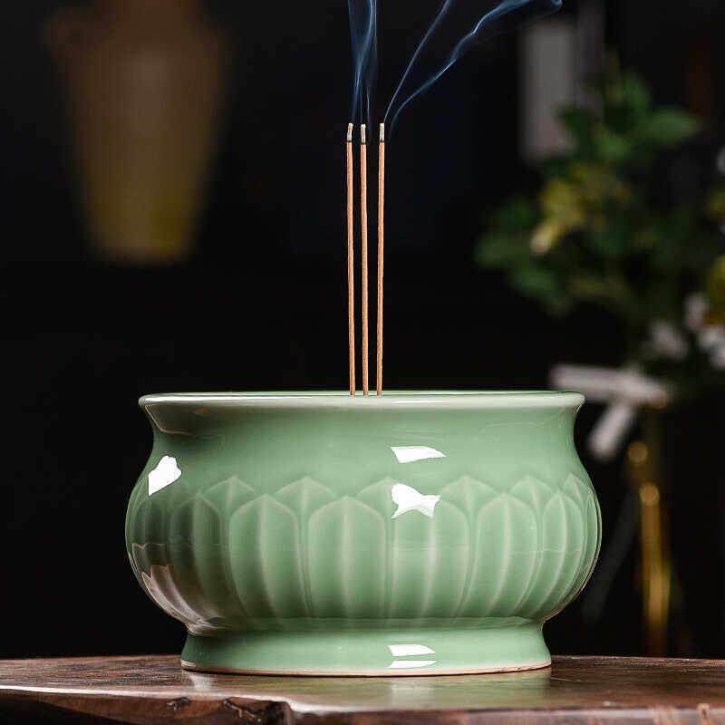 莲花香炉家用室内供奉插香炉中号平底炉上香炉烧香薰炉陶瓷线香炉