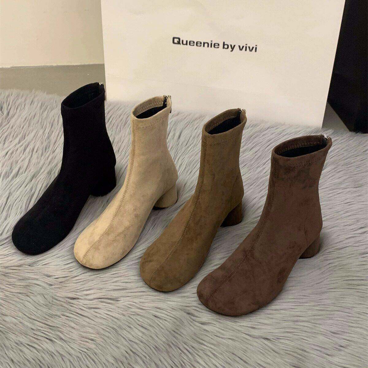 香港高跟覆古绒面瘦瘦短靴女鞋2025新款夏季棕色马丁靴小踝靴子