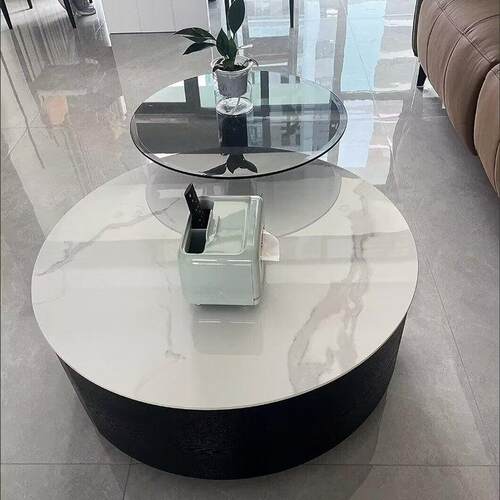 意式轻奢小户型圆形岩板茶几极简客厅家用实木现代简约百搭小茶几