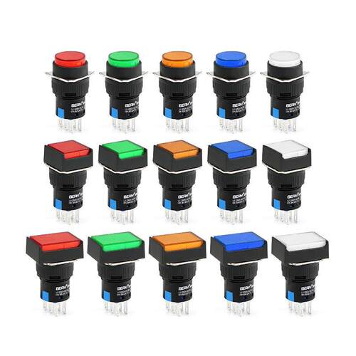 平头按钮2开2闭带灯LA16A-22D自覆位自锁电源启动圆形6脚8脚 220V