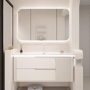 一体陶瓷盆浴室柜组合圆角可丽耐一体浴室柜洗漱台奶油风洗脸池