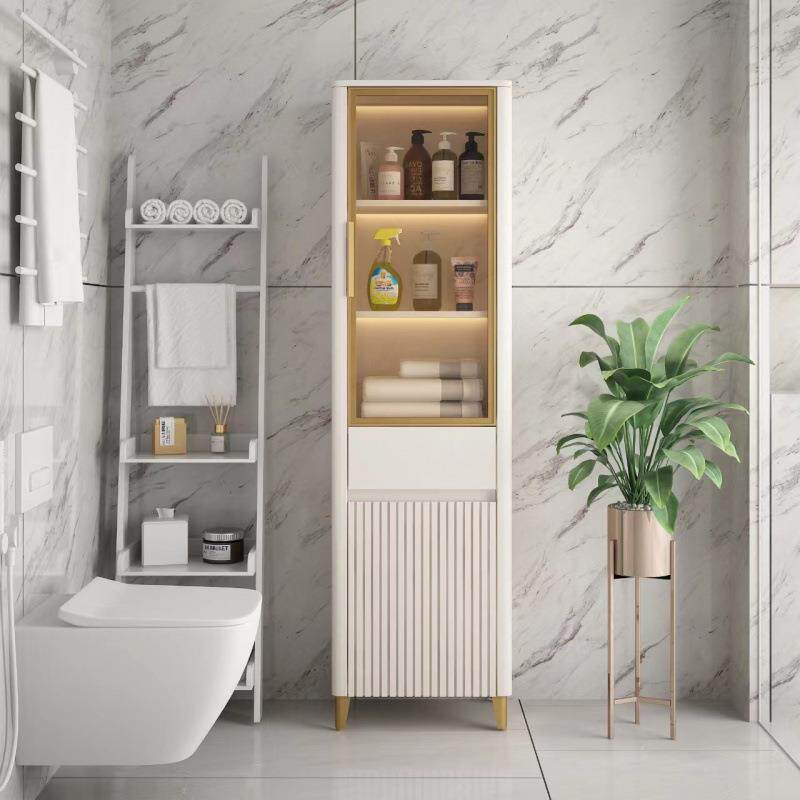 轻奢感应灯光浴室边柜实木侧柜完防水立柜置地卫生间储物收纳柜需