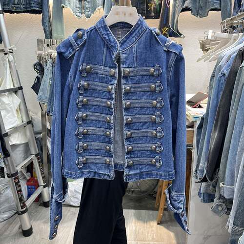 Women's Fashionable Stand-Collar Short Denim Jacket with