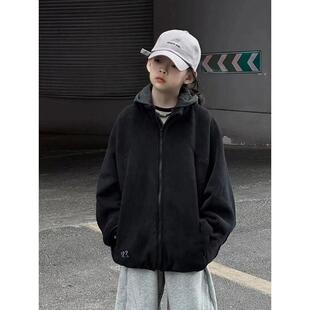 女童羊羔绒外套春秋款2025新款网红炸街儿童黑色连帽休闲上衣服潮