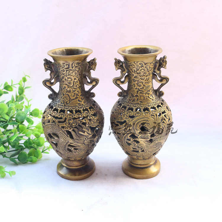 仿古纯铜龙凤带耳扣铜花瓶 家居桌面工艺精致精品铜器复古摆件