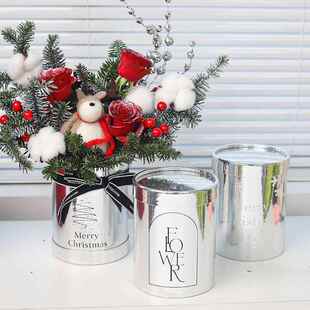 耶诞节银色抱抱桶小号鲜花礼盒平安果插花桶花盒氛围摆件花束包装