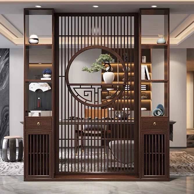 新中式原木入户玄关置物架双面实木屏风隔断柜客厅简约博古架酒柜