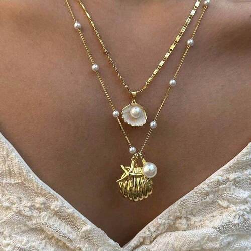 Pearl Chain Shell Necklace跨境新款海星贝壳珍珠炼锁骨炼项炼女