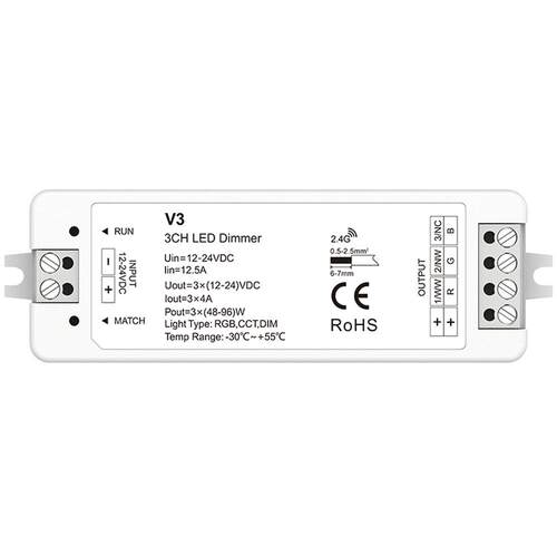 V3-L 12-48VDC 3CH*6A 216-864W RGB/⾊温/调光三通道2.4G 控制器