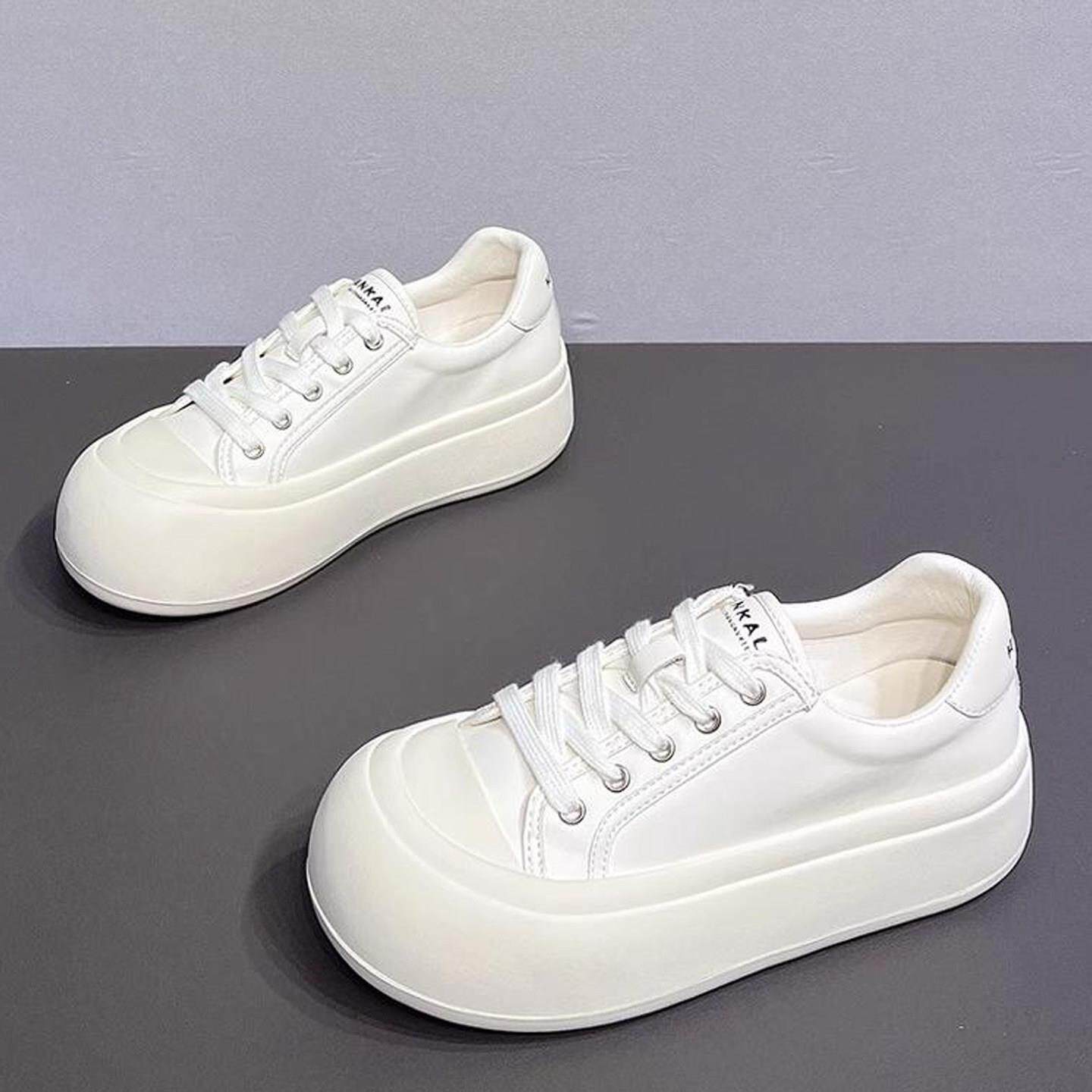 香港大头面包鞋女2025夏季新款厚底软面 面牛皮小白鞋休闲 加绒板