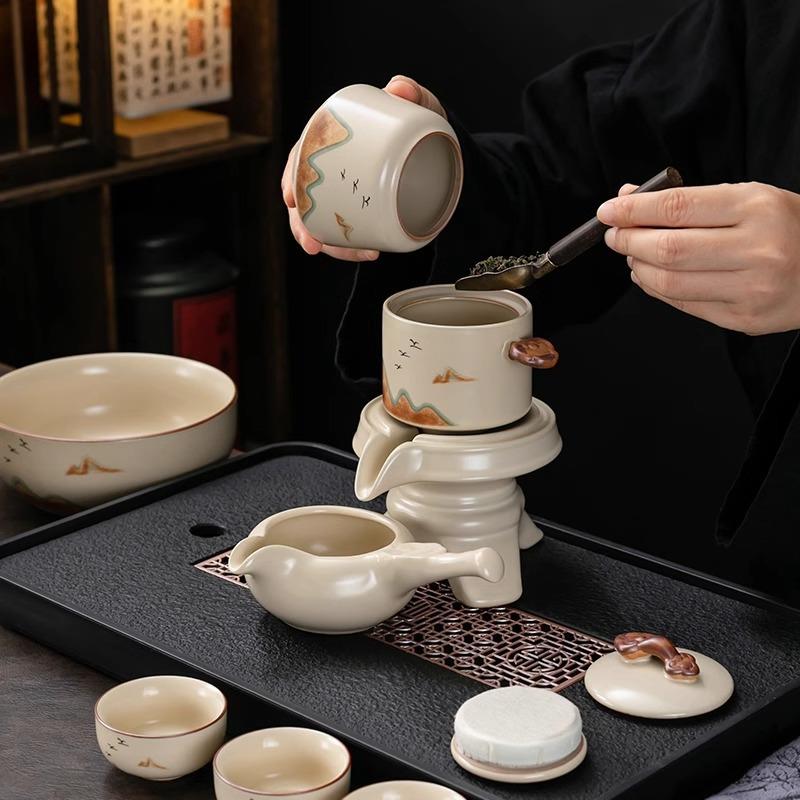 汝窑自动茶具套装旋转出水懒人功夫泡茶器防烫石磨茶具家用一整套