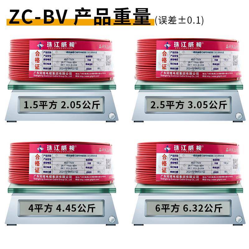 珠江电线家用国标ZC-BV1.5/2.5/4/6平方纯铜芯阻燃单股硬线家装线