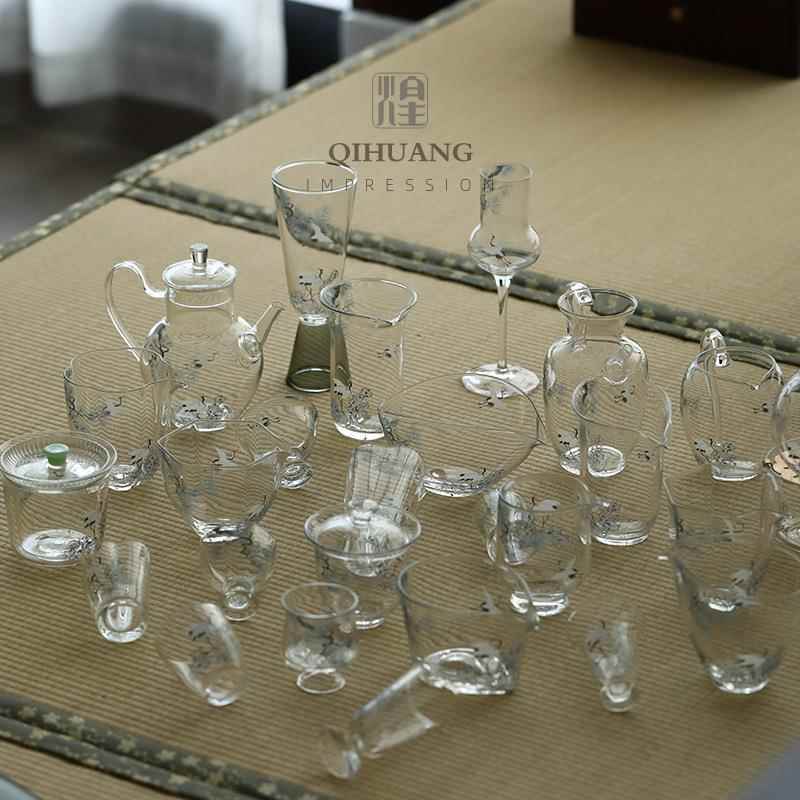 松鹤玻璃茶壶公道杯八方高足茶杯品茗杯透明加厚耐热闻香杯主人杯图片