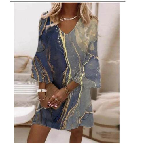 Printed collar lotus leaf golden marble pattern dress with