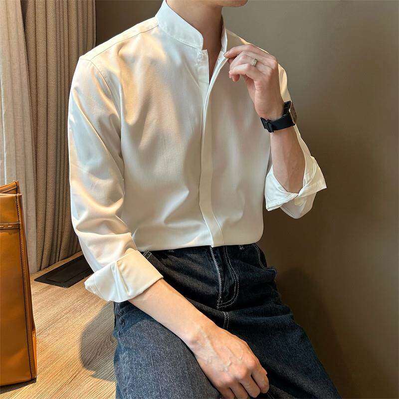 NR先生青年新中式立领白色男衬衫韩版清新简约通勤百搭款暗扣衬衫