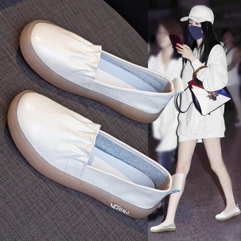 香港真皮小白鞋女秋季2025新款一脚蹬乐福单鞋软底平底休闲豆豆鞋