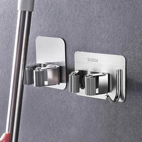 Traceless Mop Clip, No-Drill Broom Holder, Wall-Mounted Bath