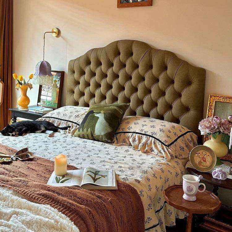 巴斯法式奶油风白色轻奢皮床意式极简双人主卧拉皮床中古风实木床