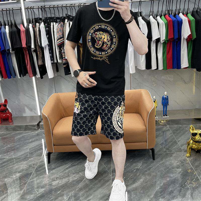 夏薄款冰丝运动套装男欧洲站潮牌短袖短裤虎头印花烫砖两件套高端