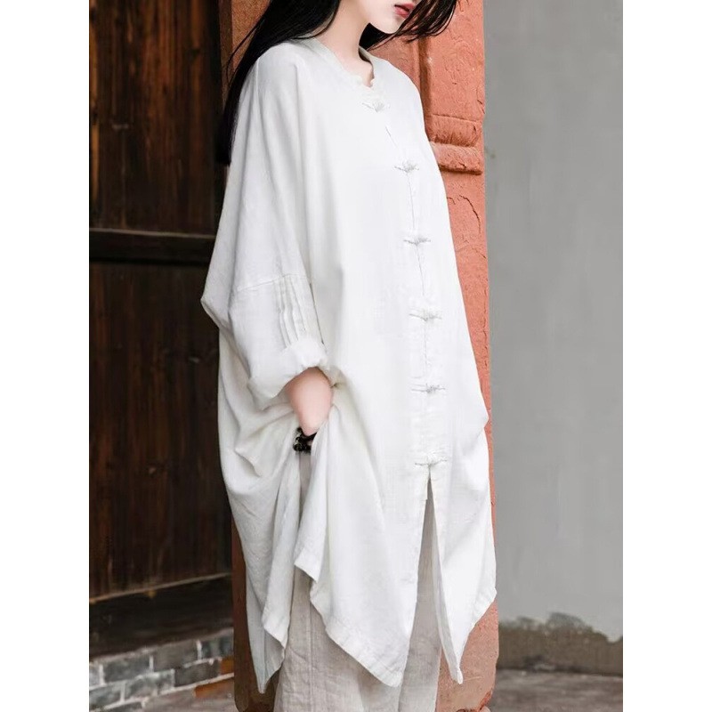 亚麻复古衬衫女2025宽松中长款长袖太极服上衣棉麻衬衣裙