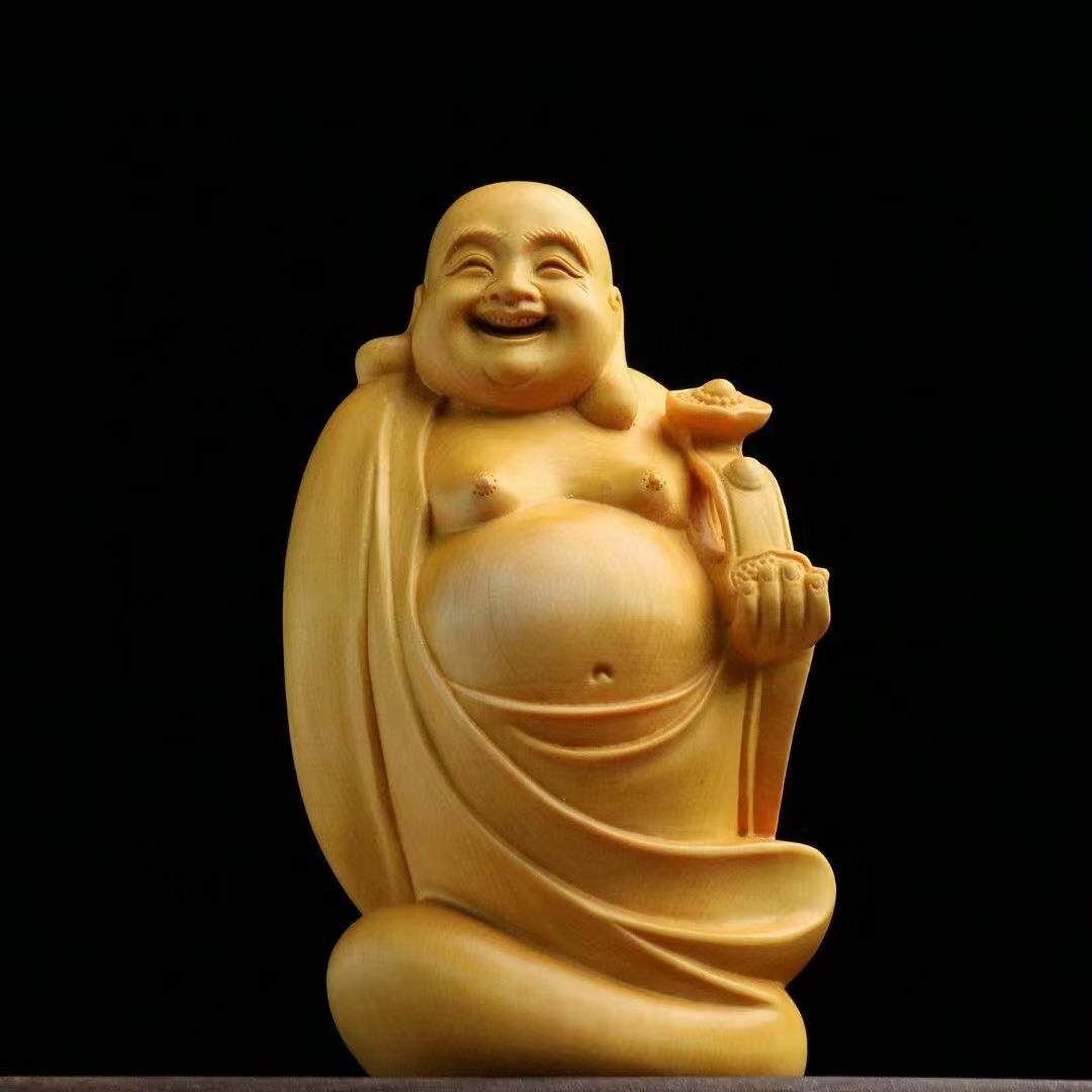 黄杨木雕刻笑口常开如意弥勒摆件家居客厅车载摆饰木质工艺品礼品