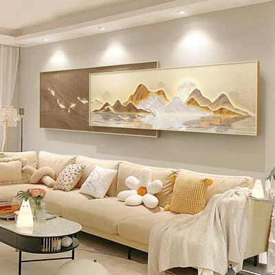 九鱼图客厅装饰画沙发背景墙挂画2026新款轻奢高级感山水叠加壁画