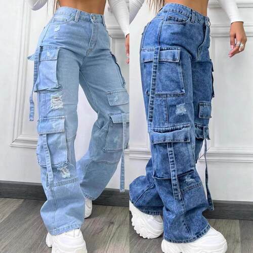 Long pants straight leg multi pocket denim work pants