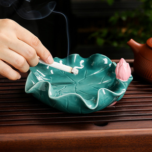 饰品摆件中式 复古创意办公室茶桌面装 家用客厅茶几陶瓷荷叶烟灰缸