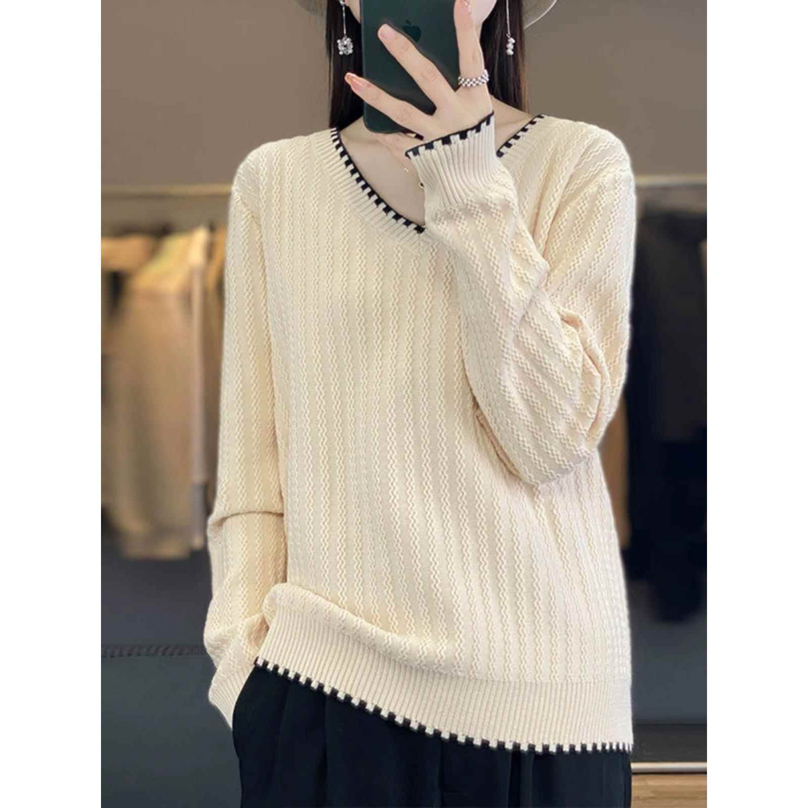 秋冬遮肚藏肉80-200斤宽松显瘦v领上衣女洋气减龄套头针织毛1204z