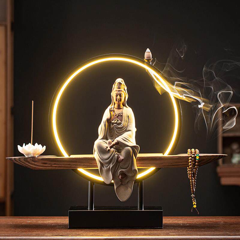 正品禅意玉净瓶观音菩萨佛像灯流摆倒香创件意陶瓷高档居家装饰工
