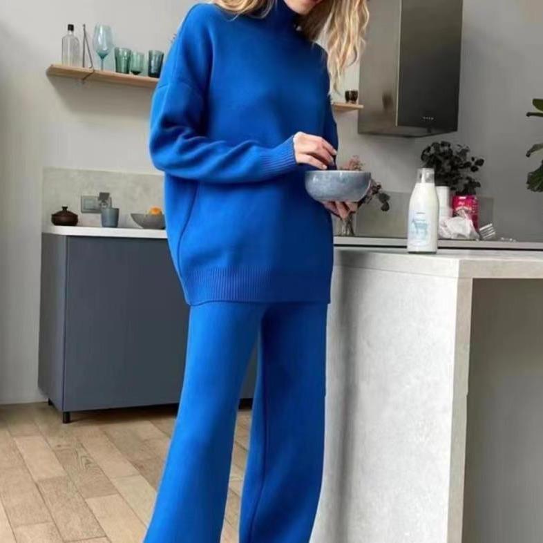 高级感时尚纯色高领针织套装女秋冬装慵懒风气质休闲阔腿裤两件套