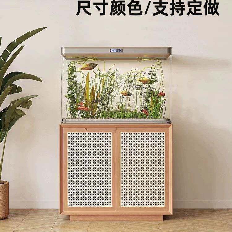 实木藤编鱼缸底柜客厅鱼缸水族箱底座储物架子桌子可鱼缸柜子