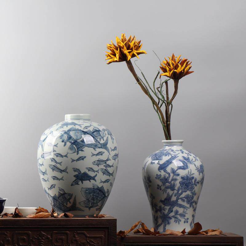 中式青花瓷创意插花装饰品客厅样板房布景陶瓷花瓶贴花工艺品摆件