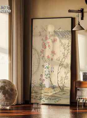 入户玄关岁朝清供图挂画客厅中古风牡丹手绘油画原木瓶花卉装饰画