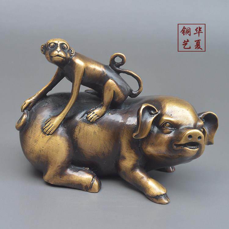 仿古纯铜生肖猪猴黄铜书房办公室桌面创意个性车载装饰工艺品摆件