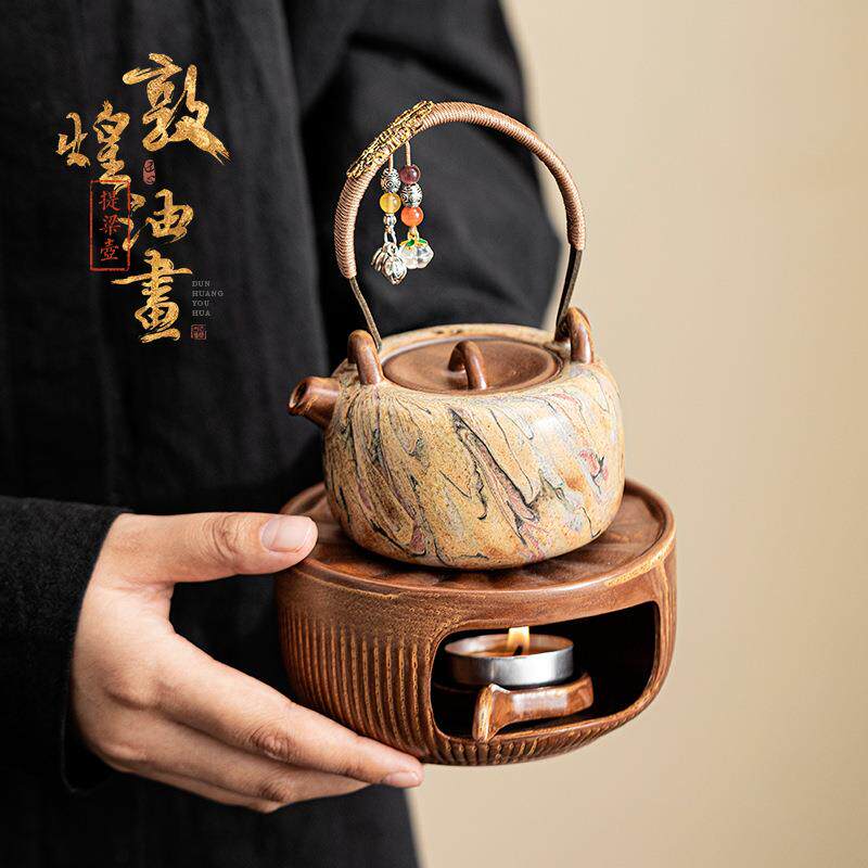 敦煌文创油画提梁壶温茶套装蜡烛加热保温茶壶底座中式复古暖茶炉