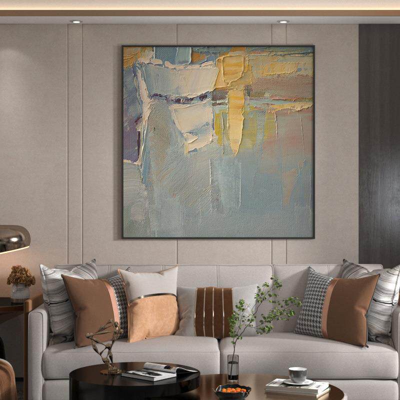 新款直销现代轻奢客厅入户玄关装饰画浅蓝色抽象油画图案背景墙壁