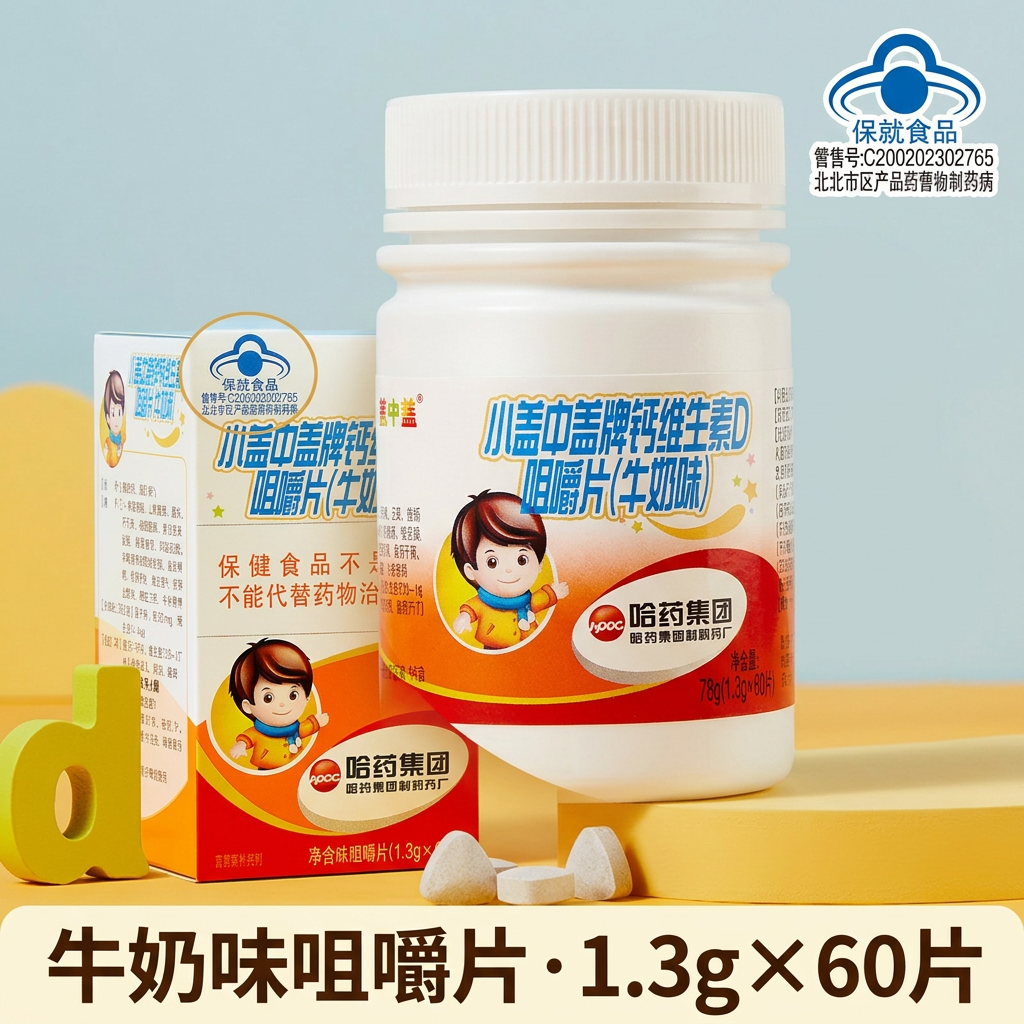盖中盖儿童碳酸钙维D3咀嚼钙片牛奶味青少年补钙成长发育
