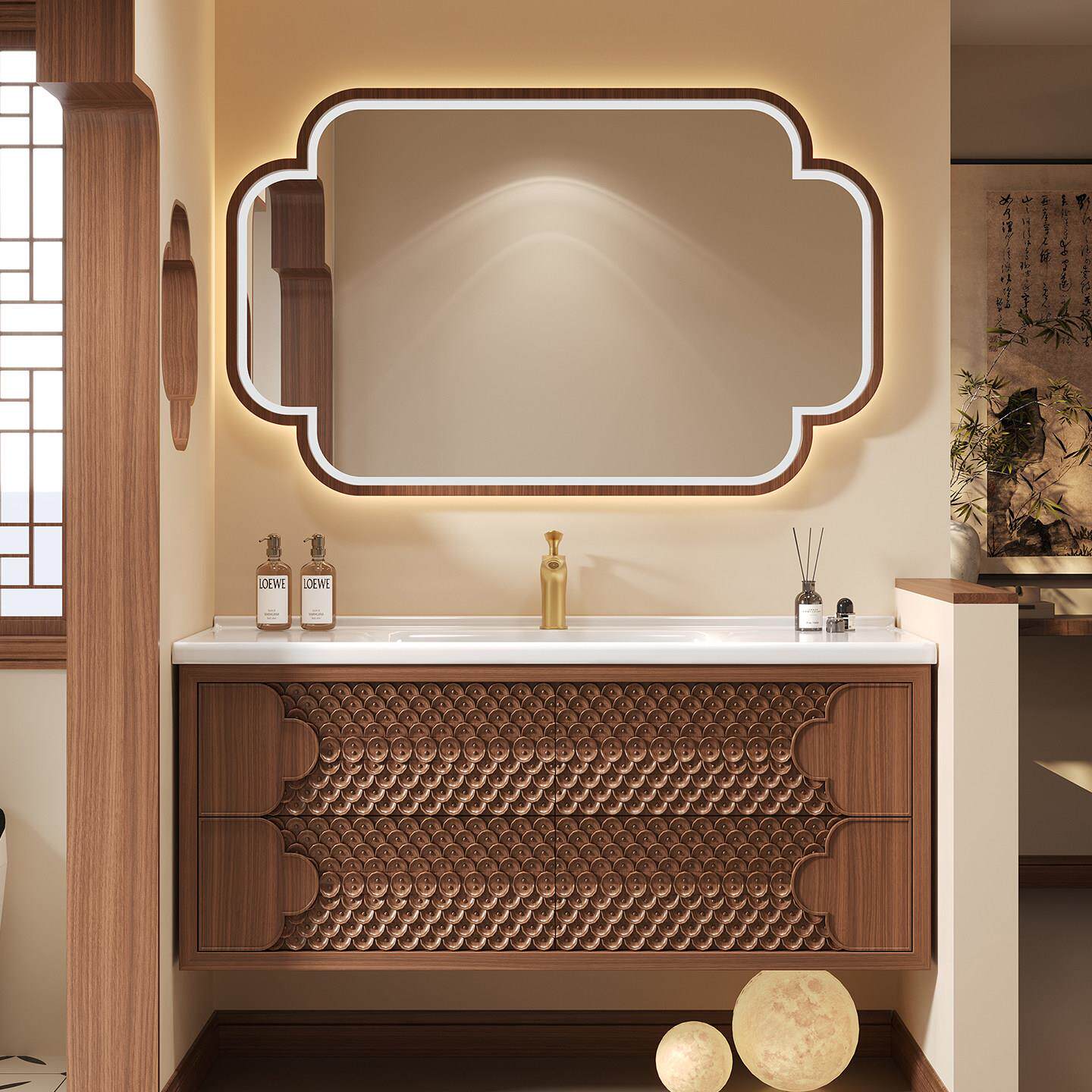 宋氏美学中古风橡木浴室柜组合陶瓷一体洗手盆柜卫生间岩板洗漱台