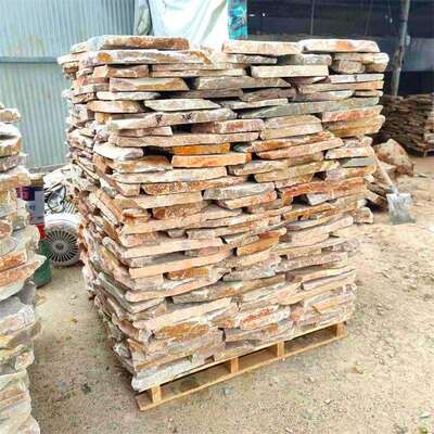 规黄木纹板砌岩垒墙石539乱形石板护坡堤墙石不河则毛石园林景观