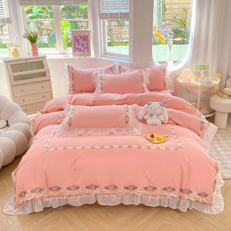 热销新款韩版雪纺磨毛刺绣纯色蕾丝床裙四件套-遇见公主-