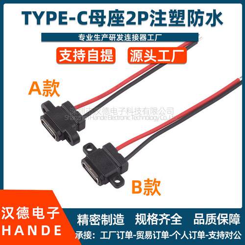 TYPE-C母座防水焊线2P带线螺丝孔线束端子USB C母头防水座子