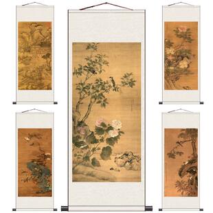 郎世宁平安春信图名家卷轴画丝绸礼品清代字画胡湄玉堂富贵石竹图