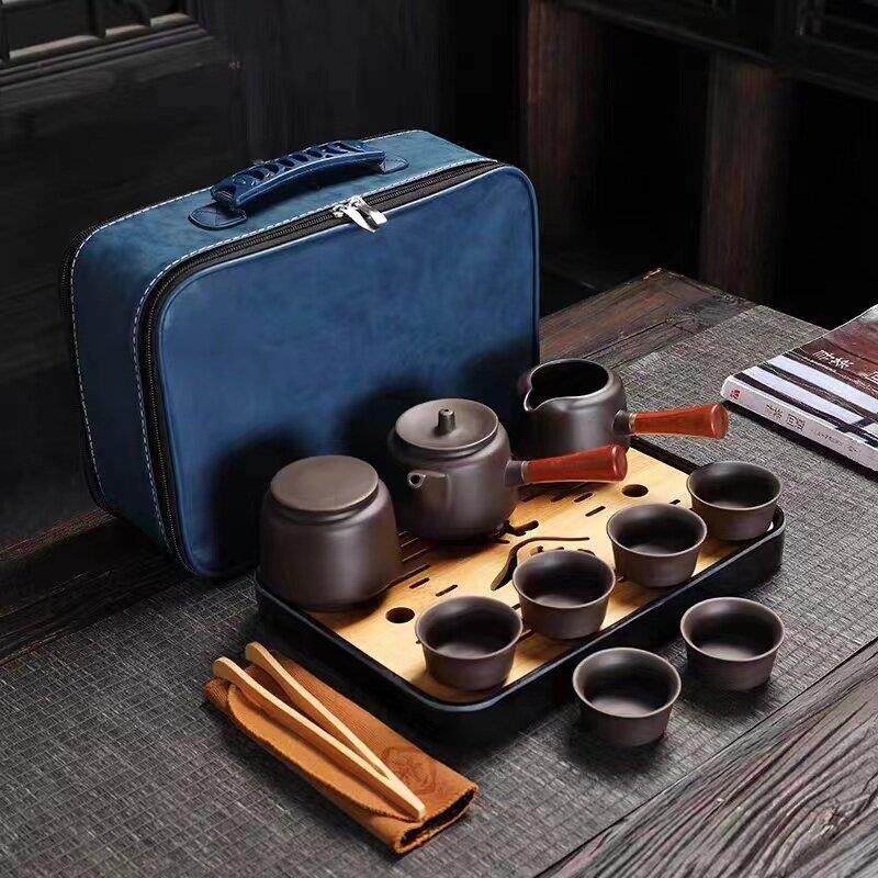 紫砂旅行功夫茶具套组可携式包高档一壶六杯户外小茶盘礼品